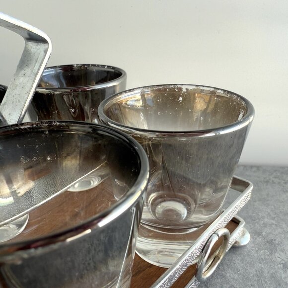 Vintage Silver Fade 8 Shot Glasses w/ Carrier Caddy MCM Barware - Picture 9 of 16